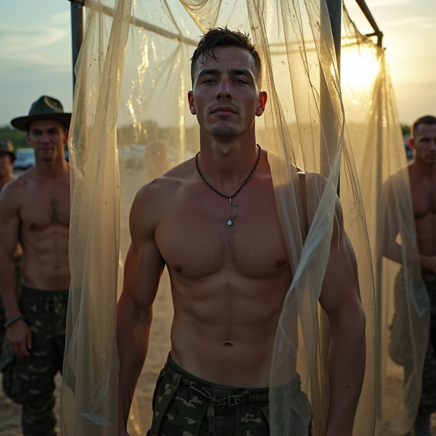 An adult man standing in front of translucent field shower curtains at sunset.