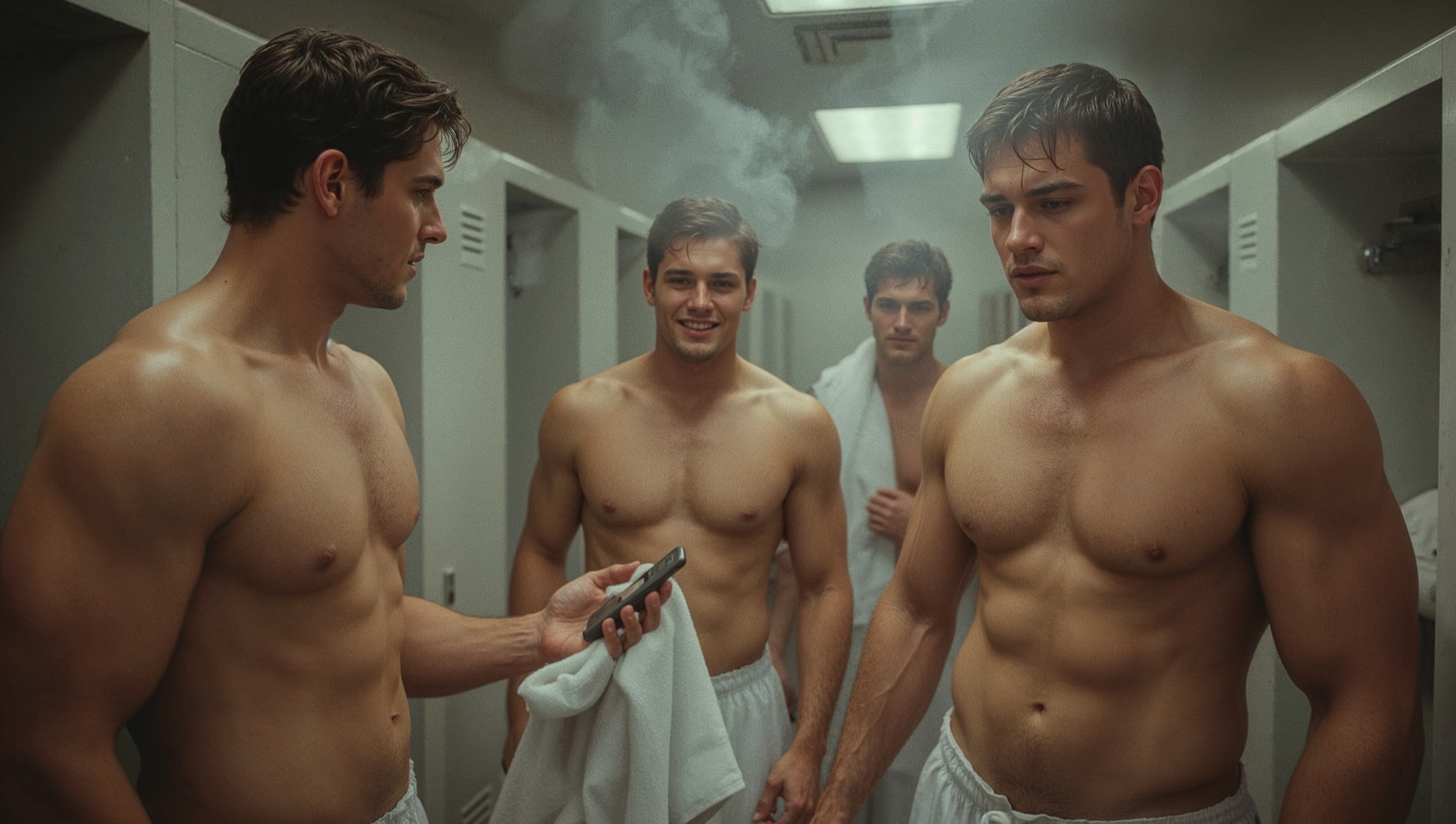 Three adult men relaxing shirtless on a couch in warm low light after a party.