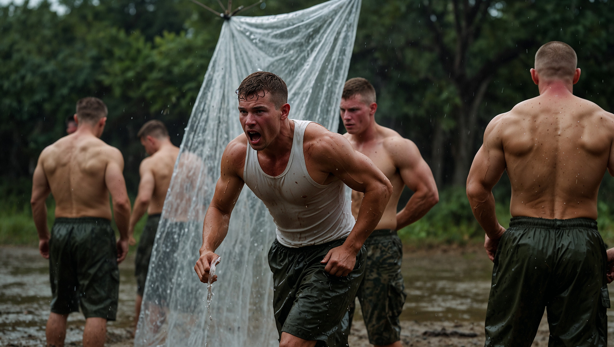 Adult men in a muddy outdoor training-style setting with water spraying in the background.