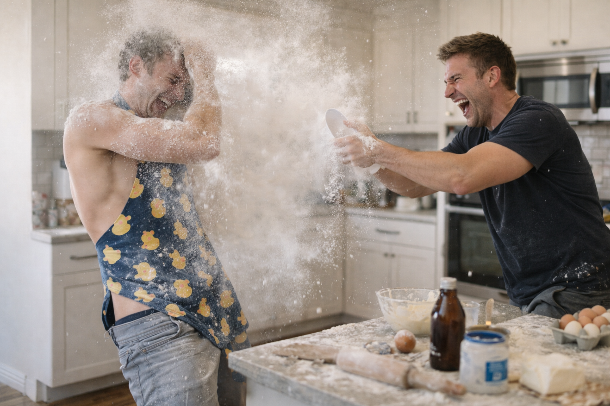 Two adult men laughing during a flour fight in a bright kitchen.