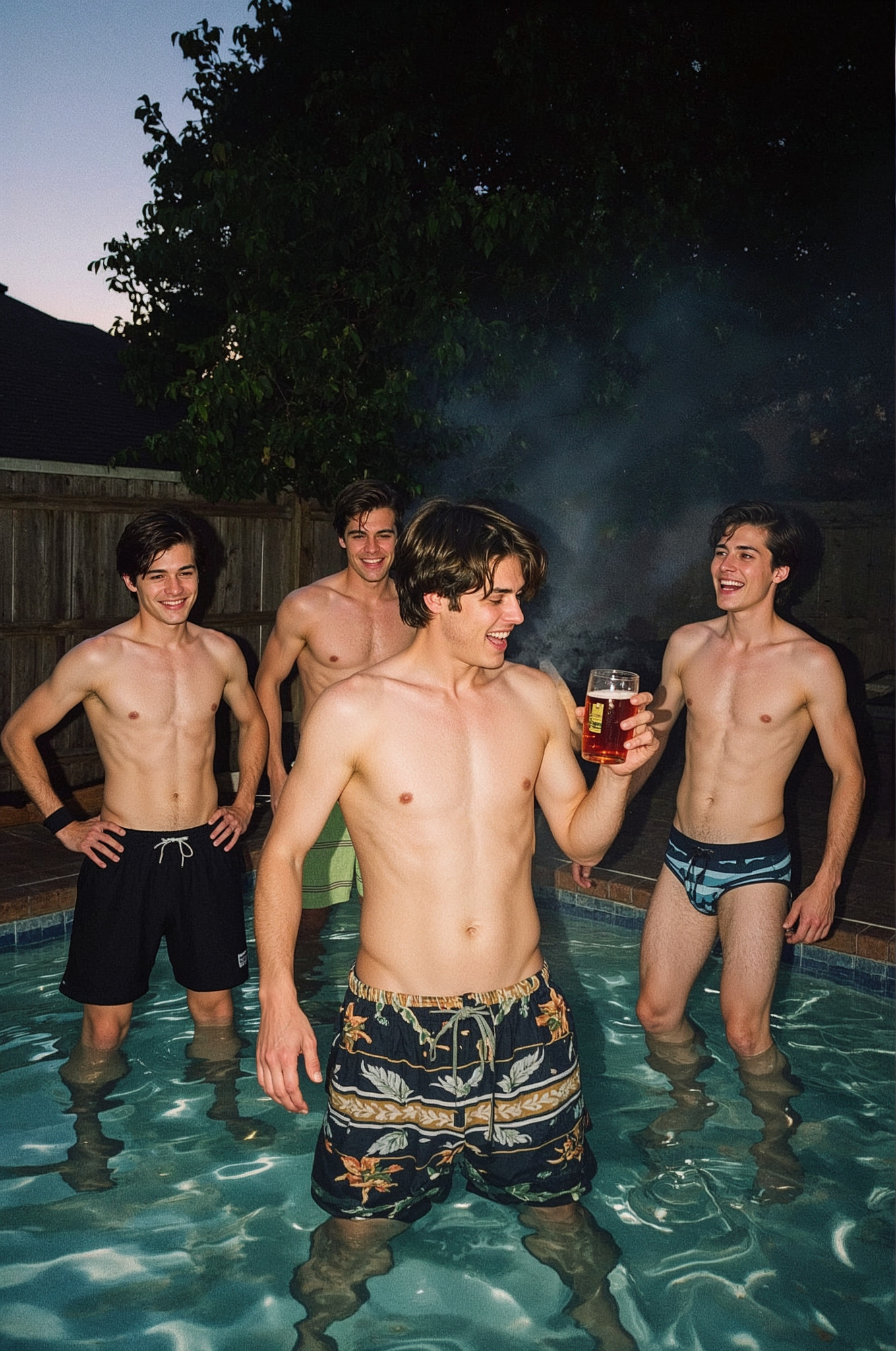 Adult men standing in a pool at night drinking and laughing.
