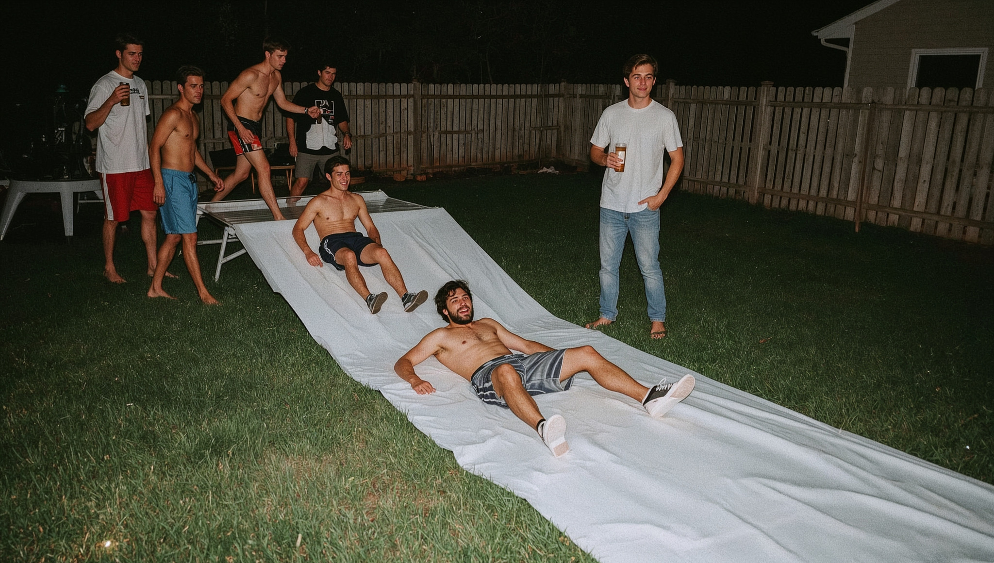 A nighttime backyard slip and slide scene.